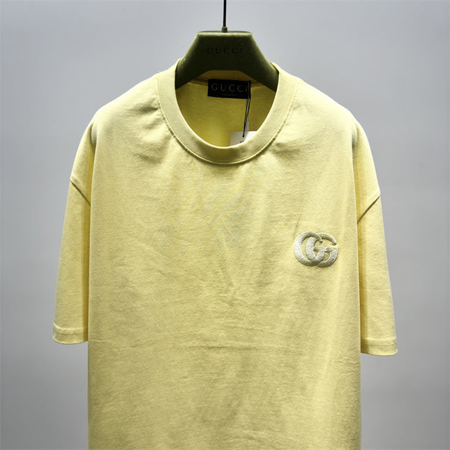Gucci Embroidered Interlocking GG Cotton‑Jersey T‑Shirt in Pastel Yellow