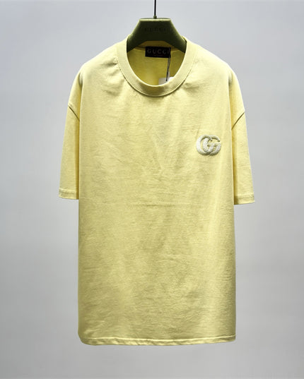 Gucci Embroidered Interlocking GG Cotton‑Jersey T‑Shirt in Pastel Yellow