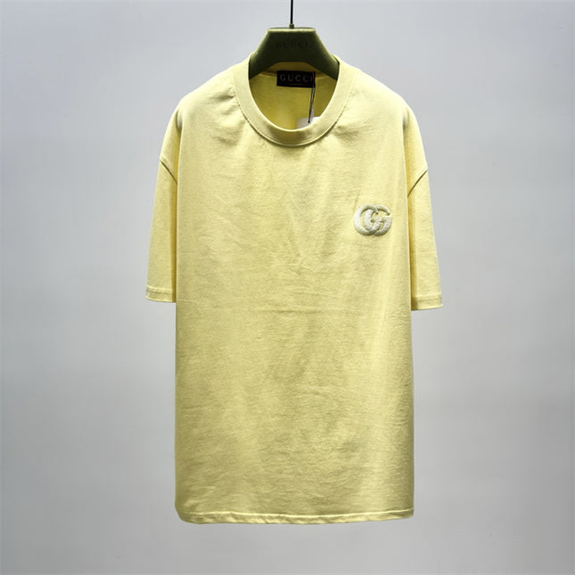 Gucci Embroidered Interlocking GG Cotton‑Jersey T‑Shirt in Pastel Yellow