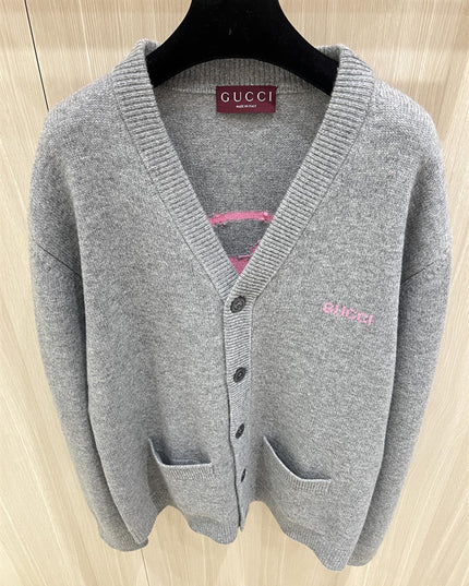 Gucci Embroidered Wool Cardigan – Grey/Pink