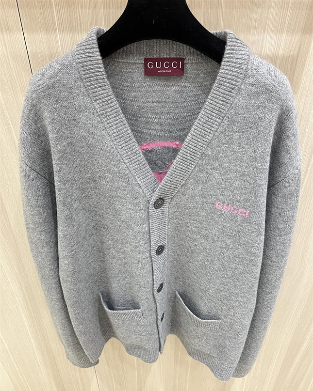 Gucci Embroidered Wool Cardigan – Grey/Pink