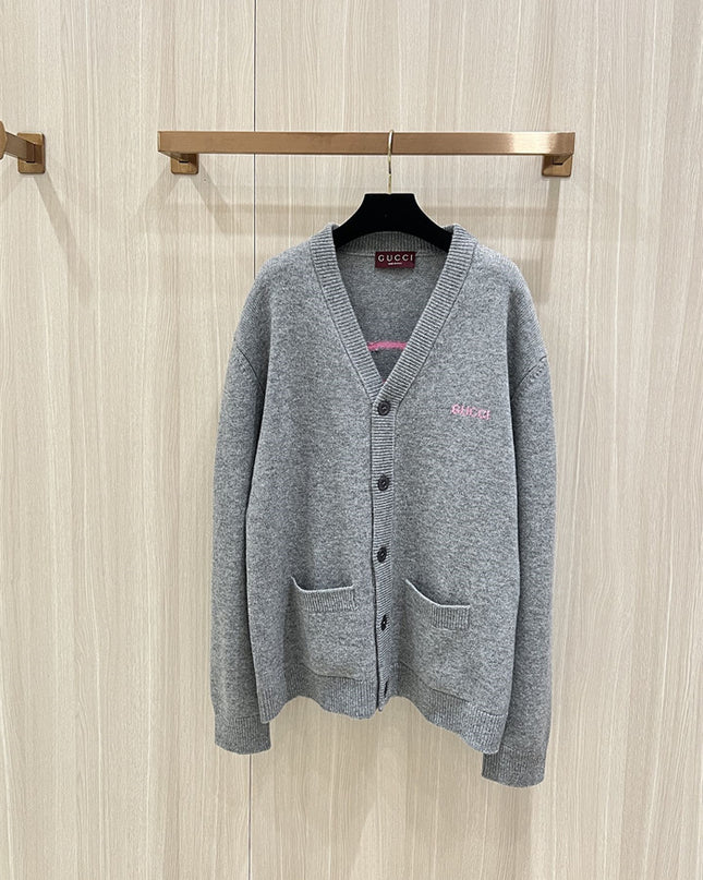 Gucci Embroidered Wool Cardigan – Grey/Pink