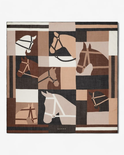 Gucci Equestrian Motif Cashmere Shawl – Brown & Beige
