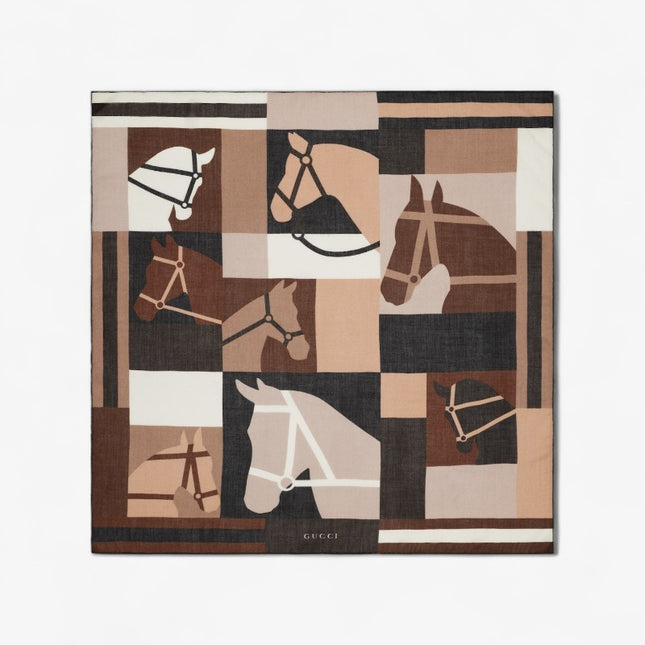 Gucci Equestrian Motif Cashmere Shawl – Brown & Beige