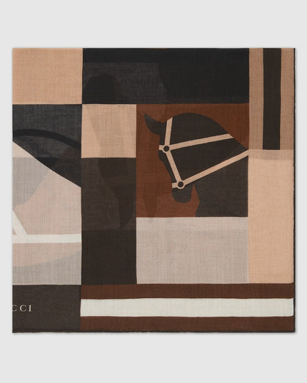 Gucci Equestrian Motif Cashmere Shawl – Brown & Beige