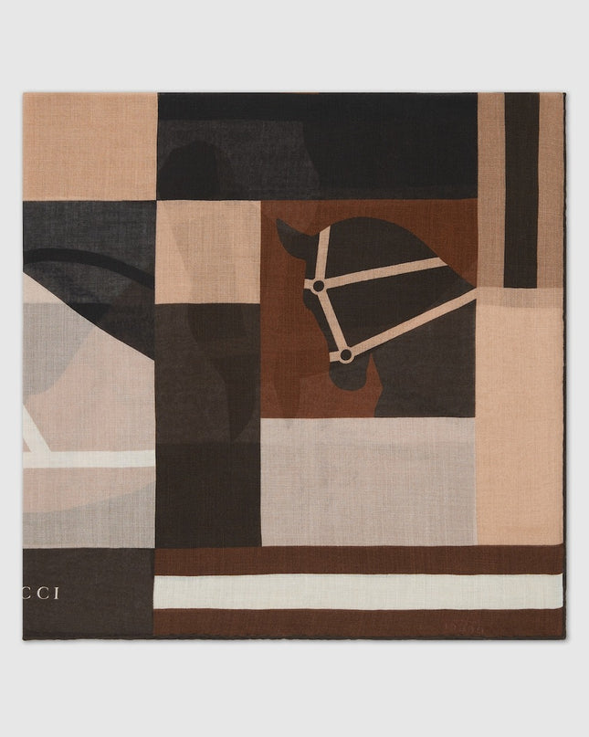 Gucci Equestrian Motif Cashmere Shawl – Brown & Beige