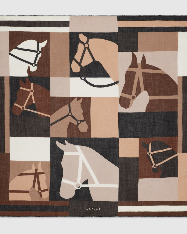 Gucci Equestrian Motif Cashmere Shawl – Brown & Beige