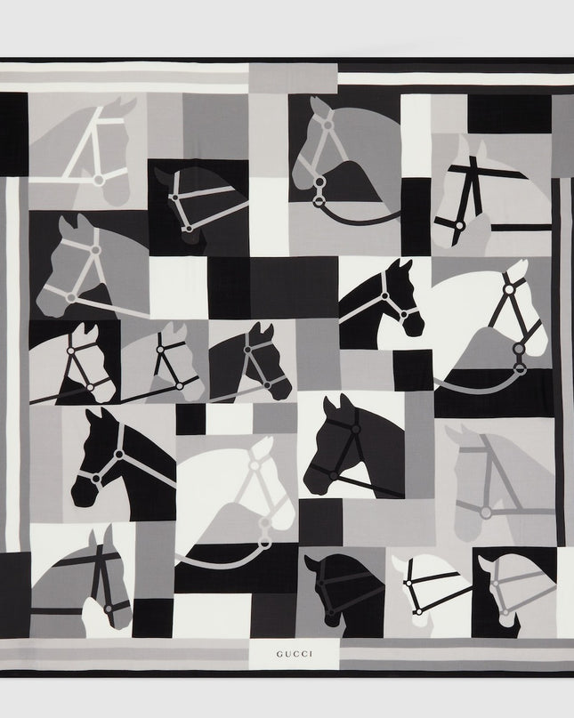 Gucci Equestrian Motif Wool Shawl – Black & White
