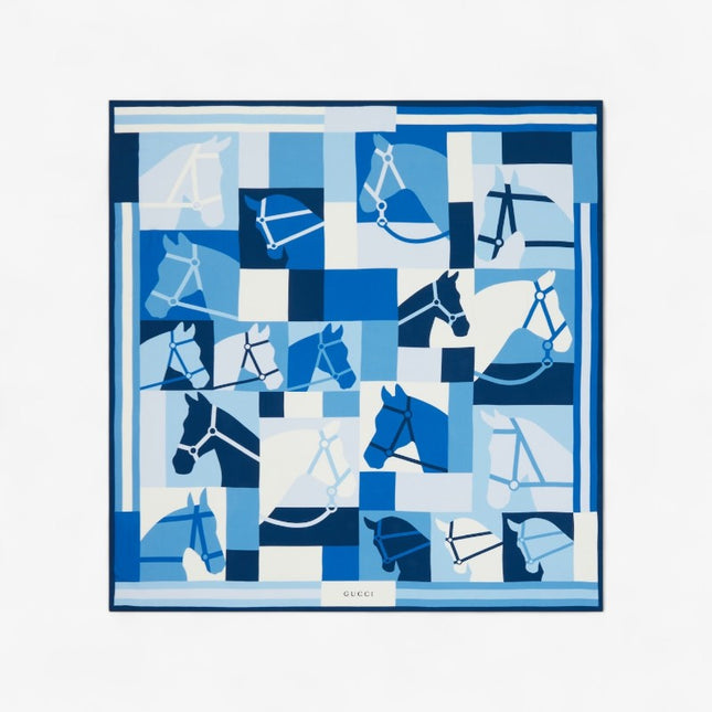 Gucci Equestrian Motif Wool Shawl – Blue Tones