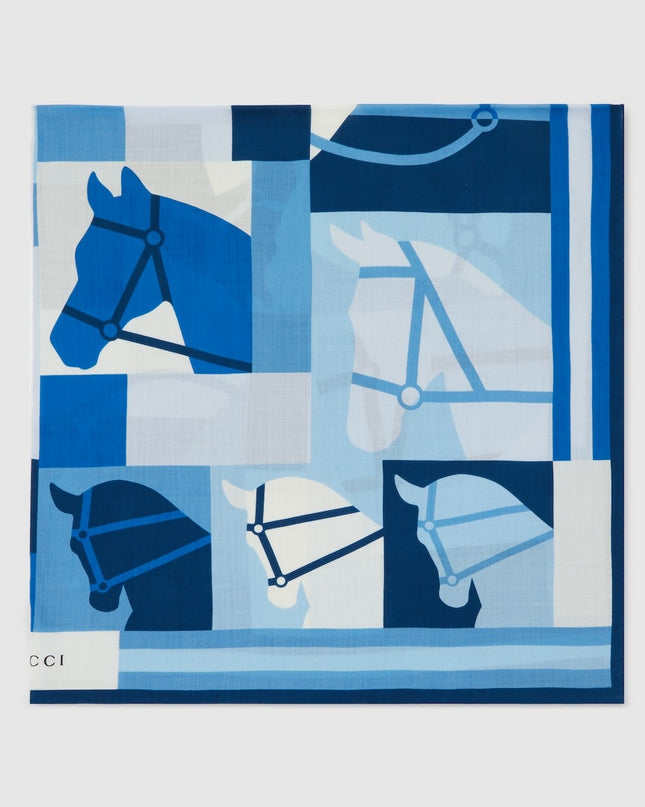 Gucci Equestrian Motif Wool Shawl – Blue Tones