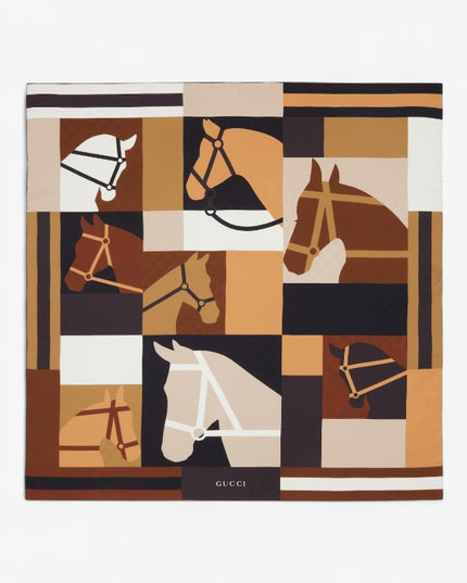 Gucci Equestrian Print Silk Jacquard Carré Scarf – Beige & Brown