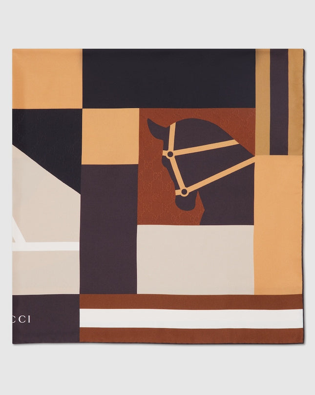 Gucci Equestrian Print Silk Jacquard Carré Scarf – Beige & Brown