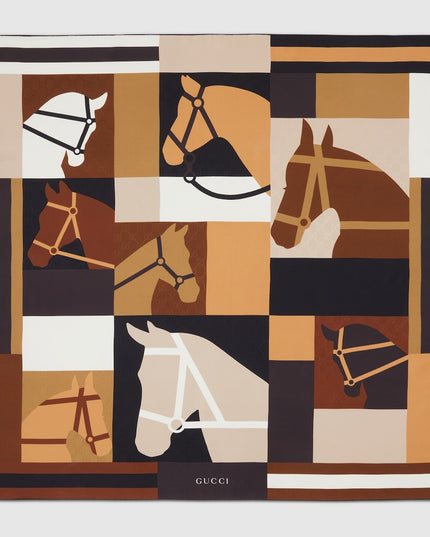 Gucci Equestrian Print Silk Jacquard Carré Scarf – Beige & Brown