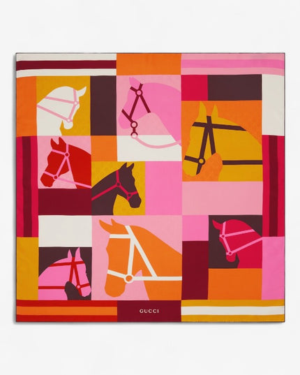 Gucci Equestrian Print Silk Jacquard Carré Scarf – Pink Multicolor