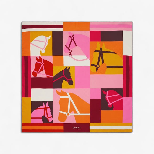 Gucci Equestrian Print Silk Jacquard Carré Scarf – Pink Multicolor