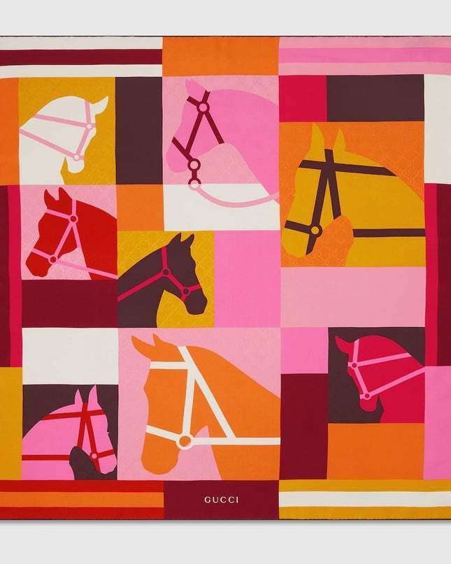 Gucci Equestrian Print Silk Jacquard Carré Scarf – Pink Multicolor