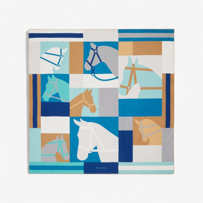 Gucci Equestrian Print Silk Jacquard Carré Scarf – White & Light Blue