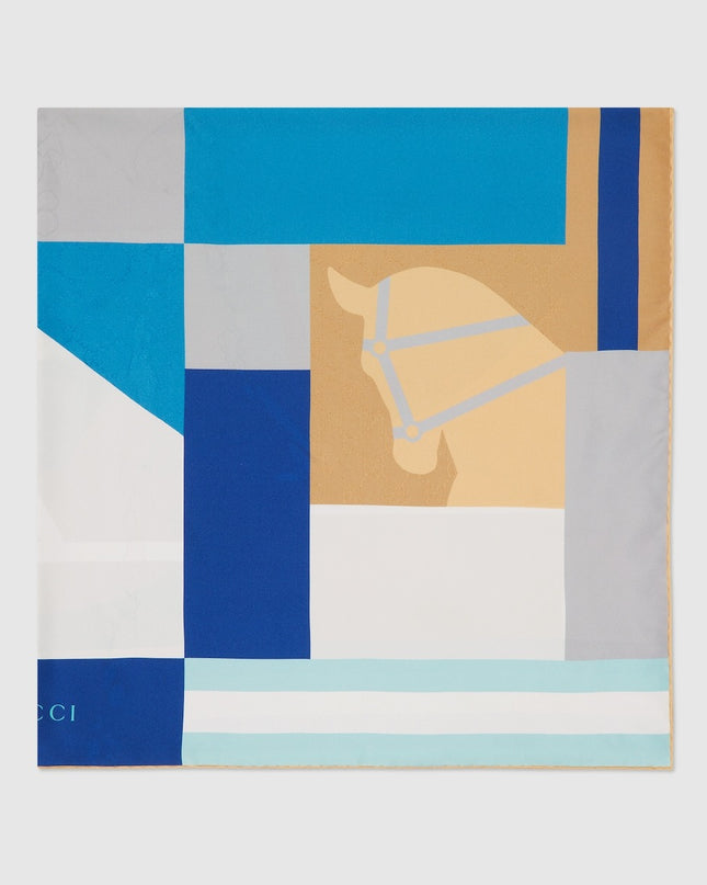 Gucci Equestrian Print Silk Jacquard Carré Scarf – White & Light Blue