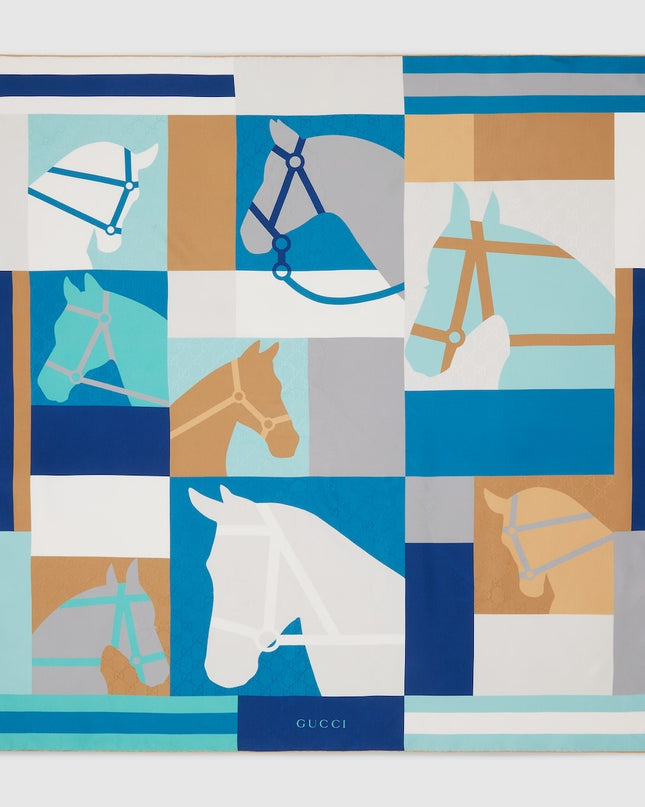 Gucci Equestrian Print Silk Jacquard Carré Scarf – White & Light Blue