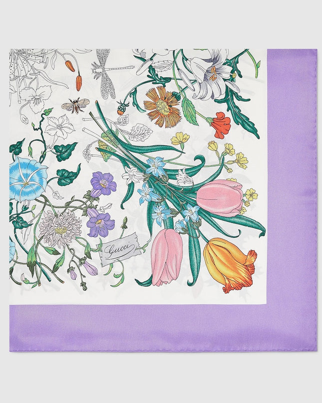 Gucci Flora Silk Twill Carré Scarf – White & Lilac
