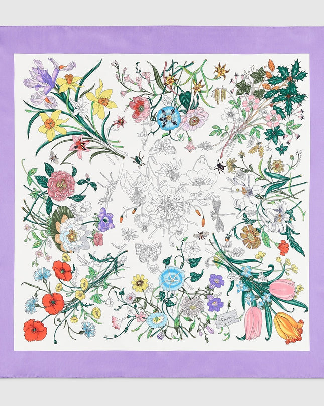 Gucci Flora Silk Twill Carré Scarf – White & Lilac