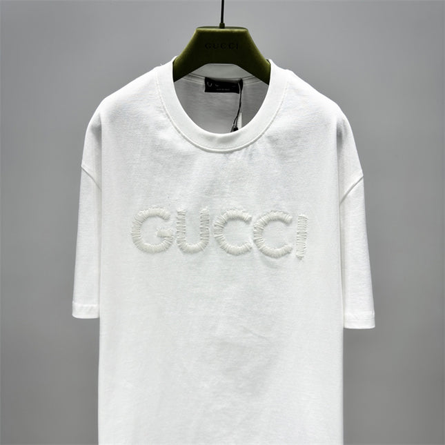 Gucci Fringed Logo Cotton‑Jersey T‑Shirt in White