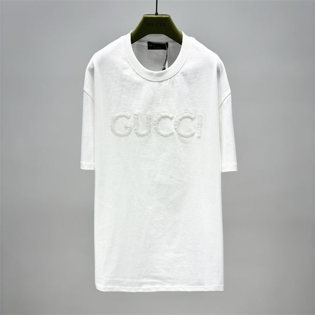 Gucci Fringed Logo Cotton‑Jersey T‑Shirt in White