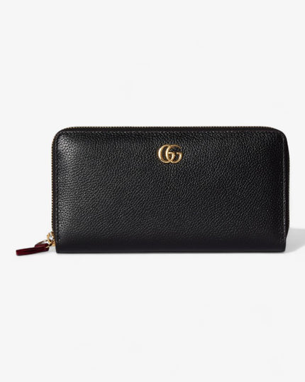Gucci GG Black Grained Leather Zip-Around Wallet with Burgundy Pull