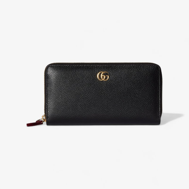 Gucci GG Black Grained Leather Zip-Around Wallet with Burgundy Pull