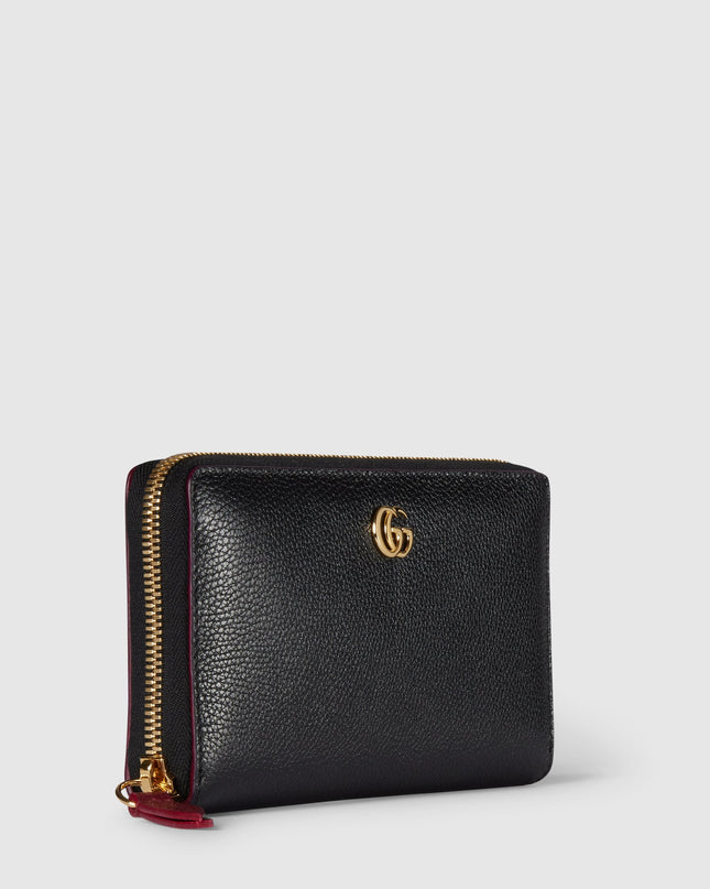 Gucci GG Black Grained Leather Zip-Around Wallet with Burgundy Pull