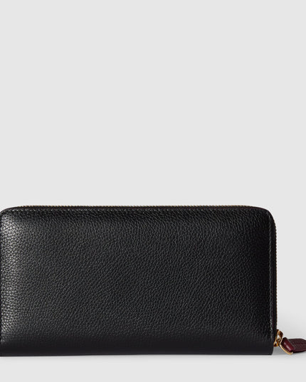 Gucci GG Black Grained Leather Zip-Around Wallet with Burgundy Pull