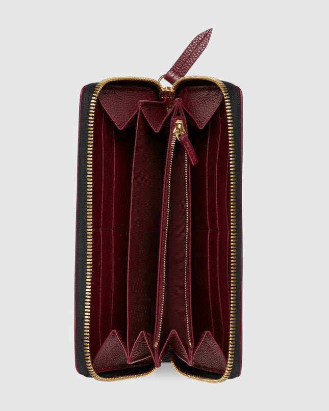 Gucci GG Black Grained Leather Zip-Around Wallet with Burgundy Pull