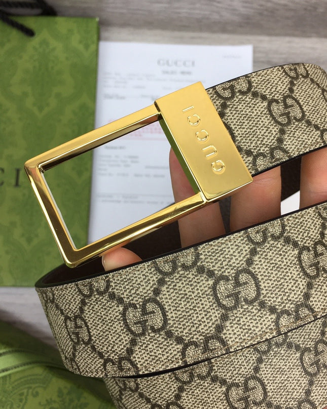 Gucci GG Canvas Belt – Gold Rectangular Engraved Buckle
