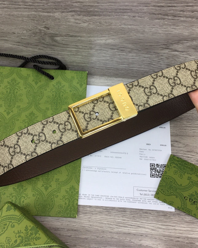 Gucci GG Canvas Belt – Gold Rectangular Engraved Buckle