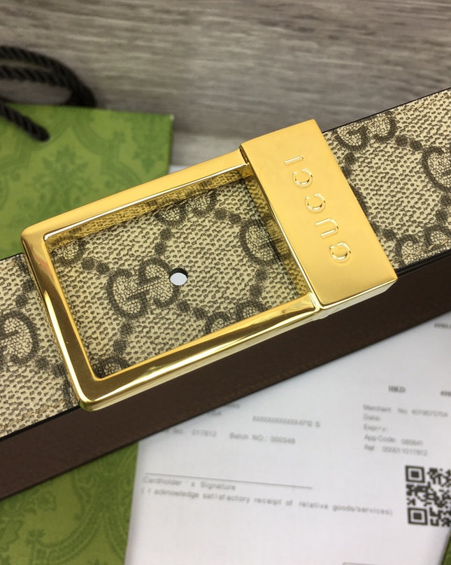 Gucci GG Canvas Belt – Gold Rectangular Engraved Buckle