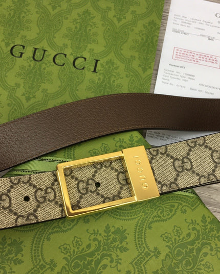 Gucci GG Canvas Belt – Gold Rectangular Engraved Buckle