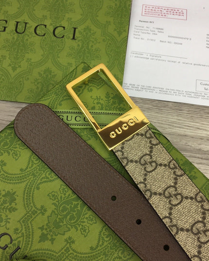 Gucci GG Canvas Belt – Gold Rectangular Engraved Buckle