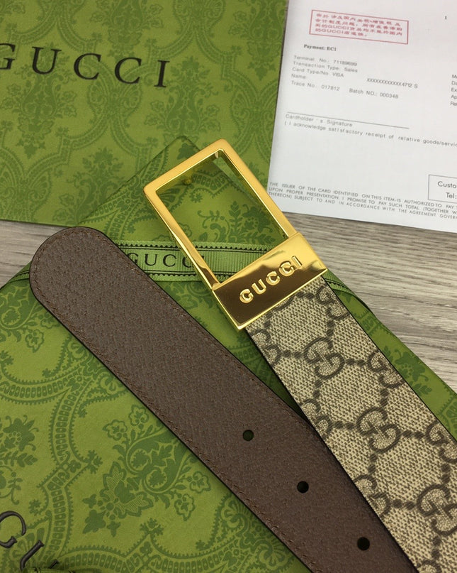 Gucci GG Canvas Belt – Gold Rectangular Engraved Buckle