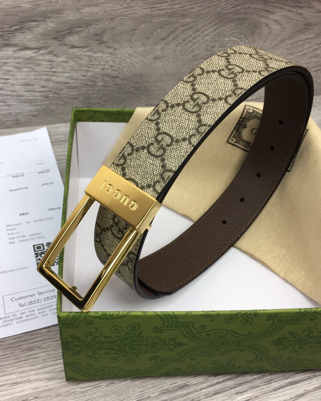 Gucci GG Canvas Belt – Gold Rectangular Engraved Buckle