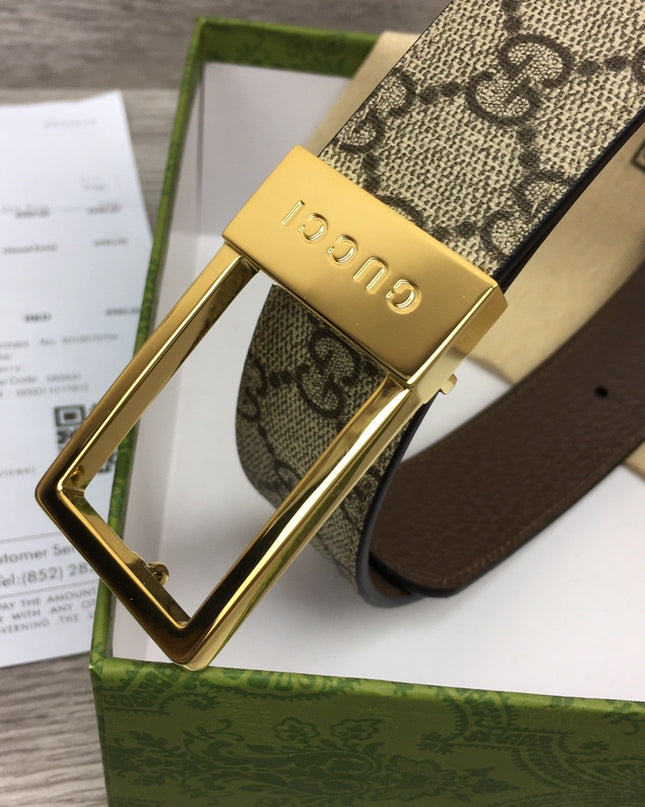 Gucci GG Canvas Belt – Gold Rectangular Engraved Buckle