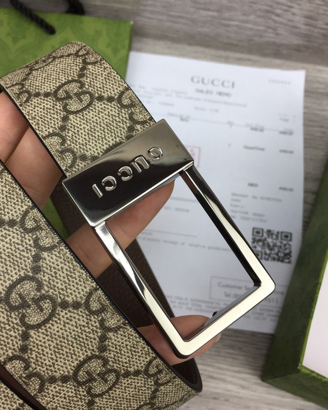 Gucci Canvas Belt – Silver Rectangular Engraved Buckle