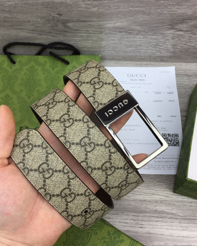 Gucci Canvas Belt – Silver Rectangular Engraved Buckle