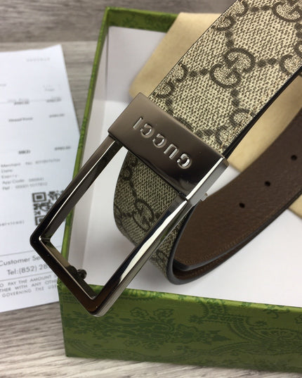 Gucci Canvas Belt – Silver Rectangular Engraved Buckle