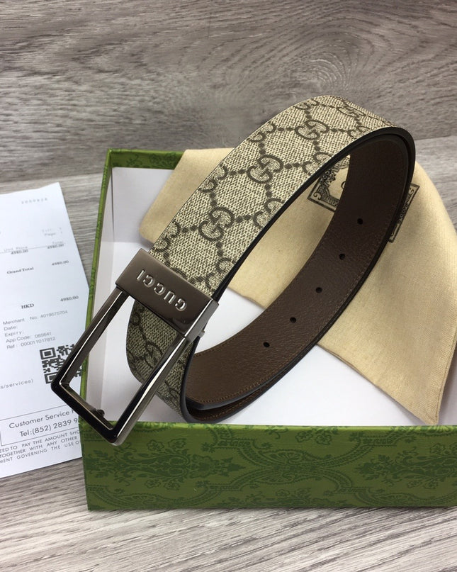 Gucci Canvas Belt – Silver Rectangular Engraved Buckle
