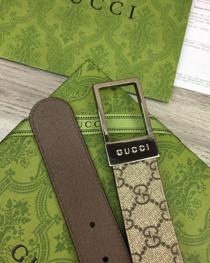 Gucci Canvas Belt – Silver Rectangular Engraved Buckle