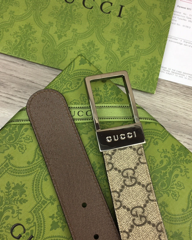 Gucci Canvas Belt – Silver Rectangular Engraved Buckle