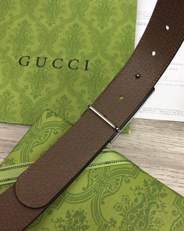 Gucci Canvas Belt – Silver Rectangular Engraved Buckle
