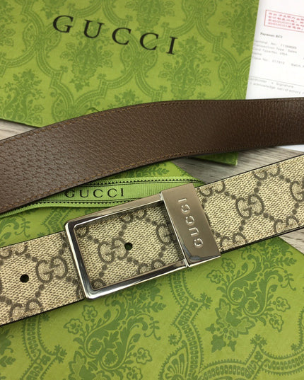 Gucci Canvas Belt – Silver Rectangular Engraved Buckle
