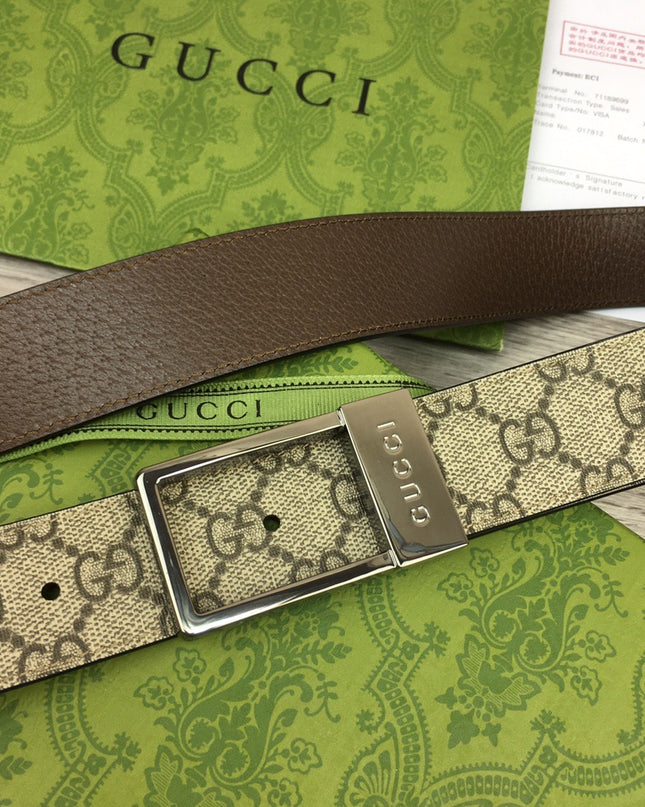 Gucci Canvas Belt – Silver Rectangular Engraved Buckle