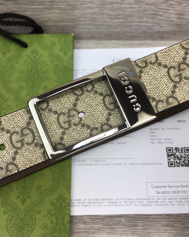 Gucci Canvas Belt – Silver Rectangular Engraved Buckle
